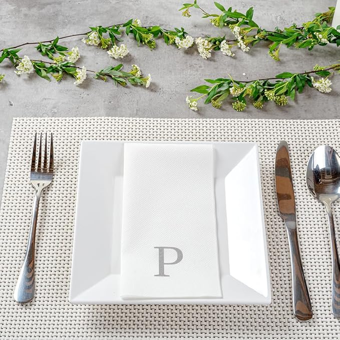 Luxenap 15.8 X 7.9 Inch Linen-Feel Guest Towels, 2000 Lettered Hand Towels - Silver Letter 'P', Sans Serif Font, White Paper Dinner Napkins, airlaid, For Restrooms And Tables - Restaurantware