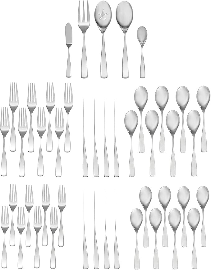 nambe Anna Flatware, 45-Pc Set, 18/10 Mirror Stainless Steel Silverware Cutlery Set, Designed for Home Kitchens, Hotel, or Restaurants, Service for 8 and a 3pc Hostess Utensil Set, Dishwasher Safe