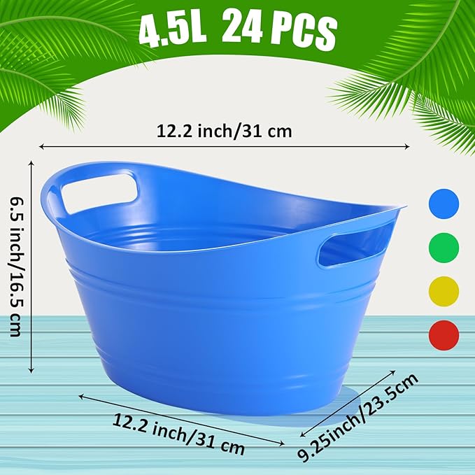Norme 24 Pcs Oval Storage Tub with Handles 4.5L Plastic Ice Bucket, Wine, Beer, Champagne Drink Cooler for Parties, Beverage Storage Basket(Colorful)
