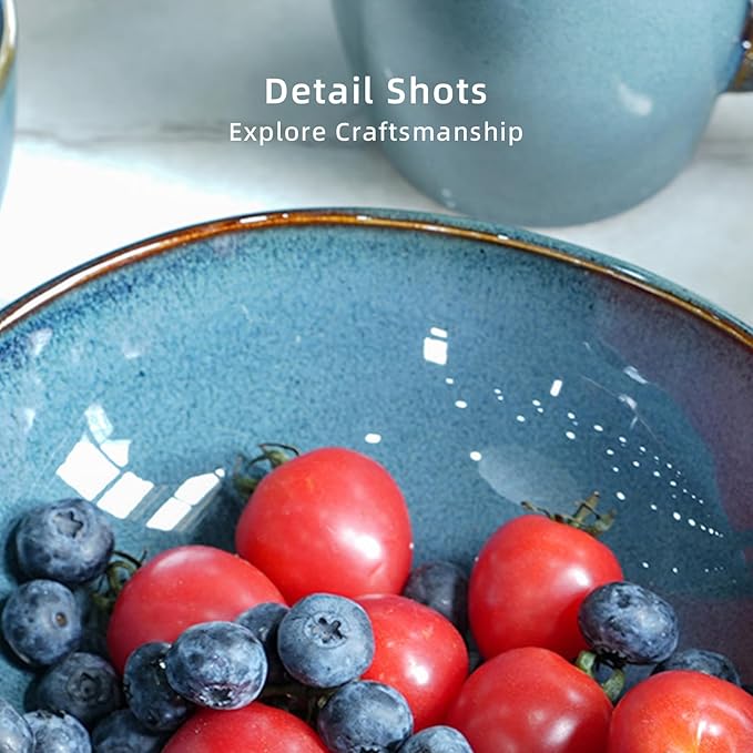 Organic Shape Highland Ceramic Serving Bowl, 6pcs 9 Inch Handmade Reactive Glaze Bowl 40oz with Wavy Edge, for Kitchen, Microwave & Dishwasher Safe, Scratch Resistant-Blue