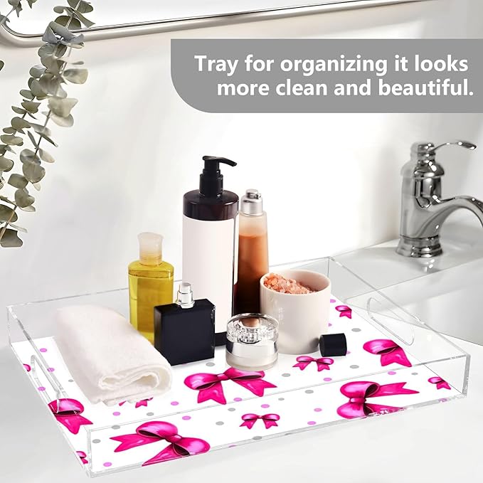 Spill Proof Acrylic Serving Tray, Countertop Organizer 16x12 Inch with Handles for Breakfast, Living Rooms, Coffee, Juice, Kitchen and Desk, (Rosy Bows and Silver Polka Dots)