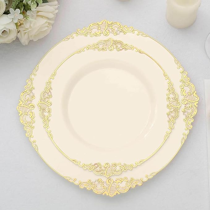 8" Salad Plates -Set of 10 - Plastic Ivory Round Baroque Disposable Chargers Leaf Embossed Rim, Ideal for Dinner Party Wedding Bulk Events