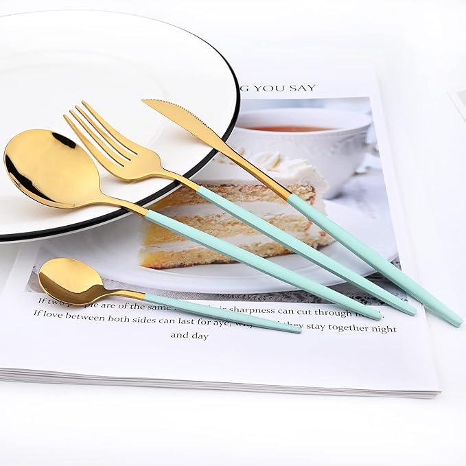 40 Pcs Silverware Set With Teaspoon For 10, Food Grade Stainless Steel Utensils Tableware Set, Elegant & Simple Flatware Serving Set Include Knife Fork Spoon, Mirror (Mint Green Gold)