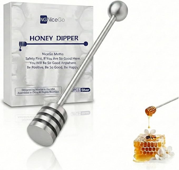 Honey Dipper. Premium 304 Stainless Steel Honey Dipper Set, 6.3 Inch Kitchen Stirrer, 1 Pack Deep-Groove Honeycomb Sticks for Syrup, Molasses, and Sauces, Dishwasher Safe. 1 PCS in One Box.