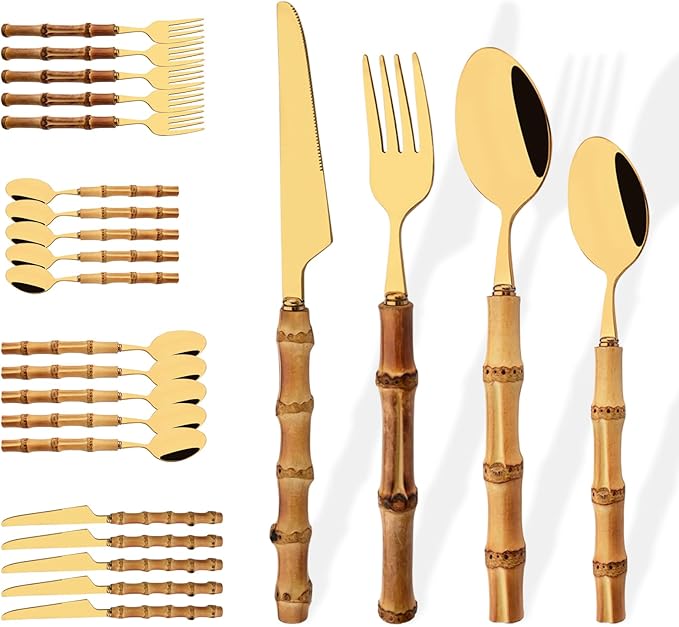 Stainless Steel Flatware Set, Bamboo Handle Silverware Set, Reusable Eating Utensils for Home Kitchen and Restaurant, Modern Gold Cutlery Set, 24 Pieces Service for 6