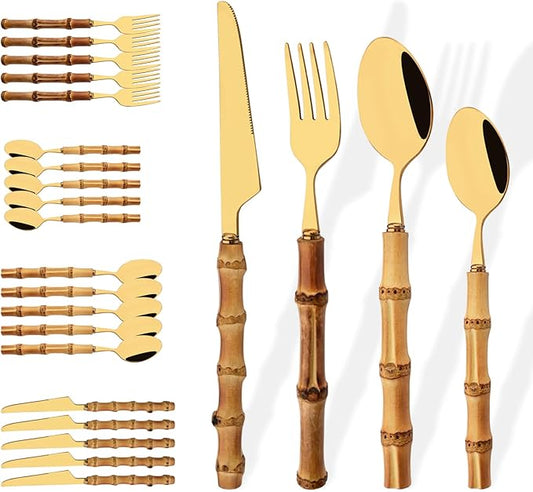 Stainless Steel Flatware Set, Bamboo Handle Silverware Set, Reusable Eating Utensils for Home Kitchen and Restaurant, Modern Gold Cutlery Set, 24 Pieces Service for 6