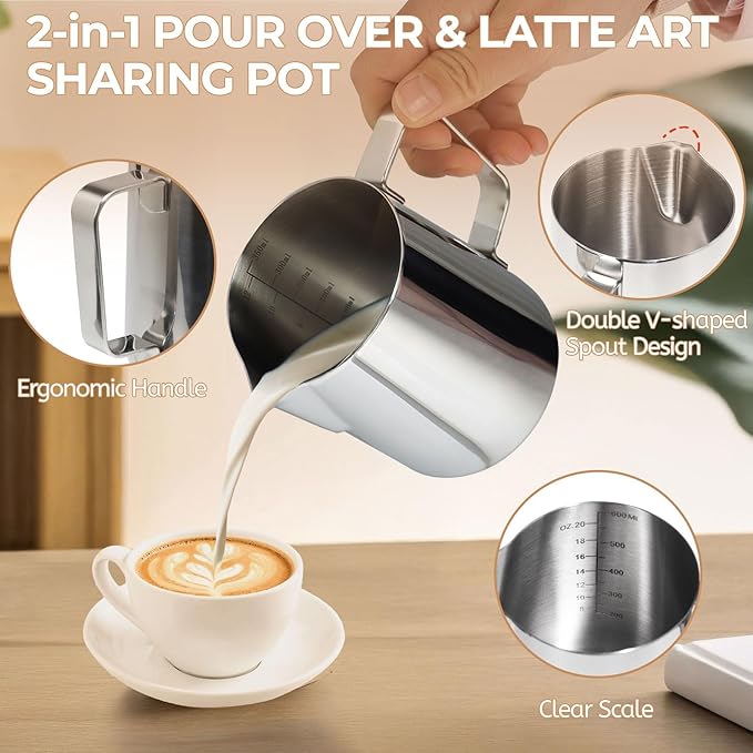 Uncoated Pour Over Coffee Maker 600ml Milk Frothing Pitcher 304 Thickened Stainless Steel Drip Coffeemaker Set with 50pcs V60 Cone Paper Filters Hand Brew Dripper Carafe for Home Camping Travel 20oz