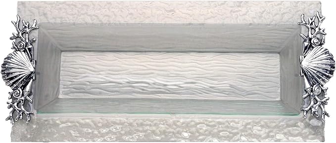 Arthur Court Aluminum Shell Sea Life Oblong Serving Tray, 18 x 8 inches - Coastal Inspired Design with Textured Glass and Silver-Tone Detailing, Sturdy Handles for Easy Carrying