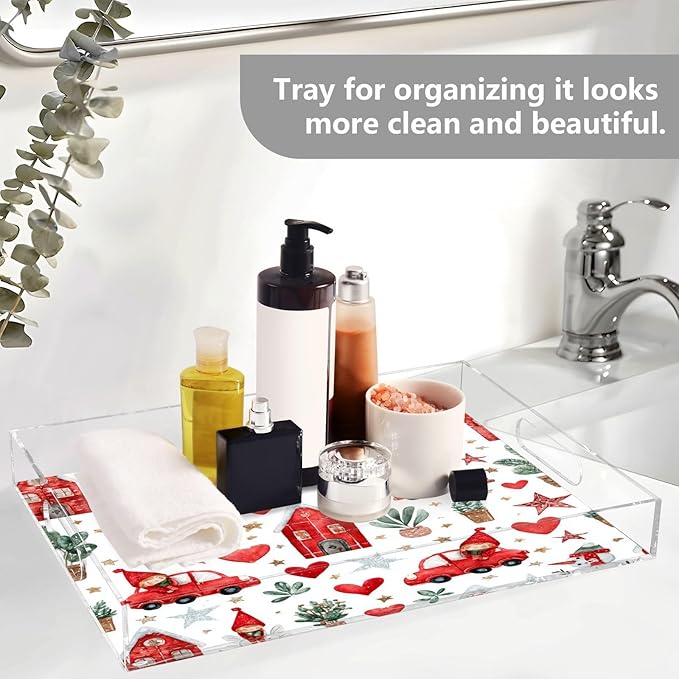 Serving Tray with Handles Clear Acrylic Tray 12x16 Inch Decorative Rectangular Tray Organizer for Ottoman Coffee Table Bathroom Watercolor Christmas Elves Stars White