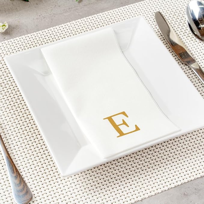 Luxenap 15.8 X 7.9 Inch Linen-Feel Guest Towels, 2000 Lettered Hand Towels - Gold Letter 'E', Sans Serif Font, White Paper Dinner Napkins, airlaid, For Restrooms And Tables - Restaurantware