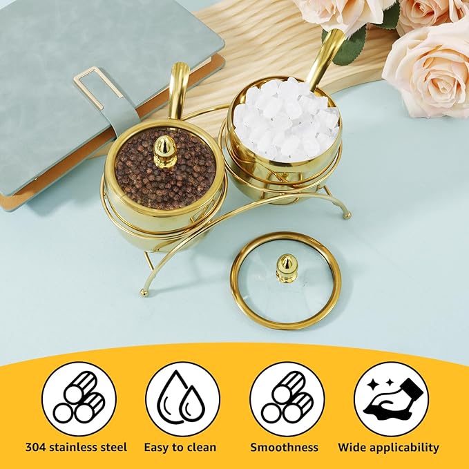 Stainless Steel Sugar Bowl Set with Clear Glass Lid Bracket Rustproof Seasoning Box Smooth Condiment Pots Compact Sugar Container Reusable Seasoning Jar Spice Container for Salt Candy QQIKUUF(golden)