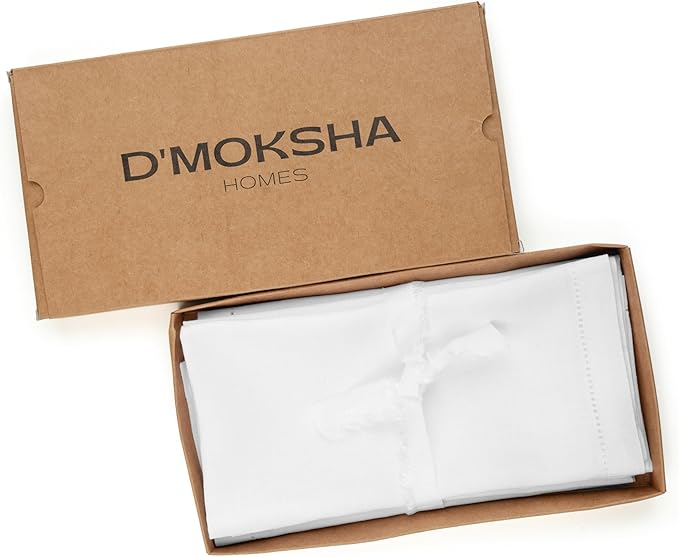 D'Moksha Homes White Linen Napkins Set of 8 - Classic Hemstitch 100% Pure Linen Hemstitch Dinner Napkins 20 x 20 Inch for Winter, Christmas, Holiday, New Year - Handcrafted and Machine Washable