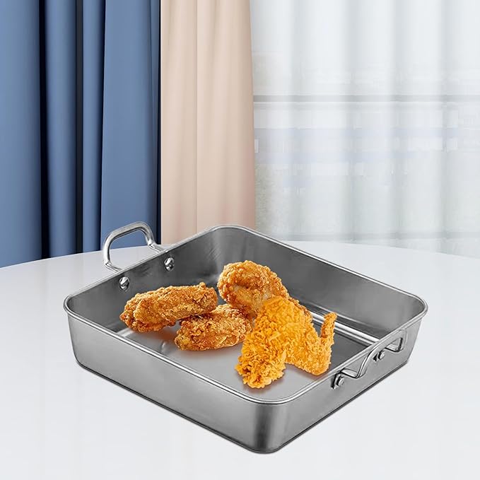 Generic Snack Tray Fries Plate with Handles Square Stainless Steel Serving Tray Baking Tray for Meat Roasting Turkey Roasting Chicken, Silver, 25x25cm