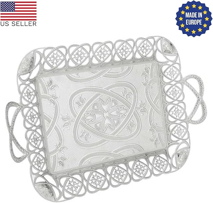 Rectangular Tray with Planet Axis Embossed Design | Eksen Metal Serving Tray | Anti-Tarnish Serving Platter | Bandeja Decorativa | Decorative, Elegant Tray | Décor Piece, 18.1"x11" (Silver)