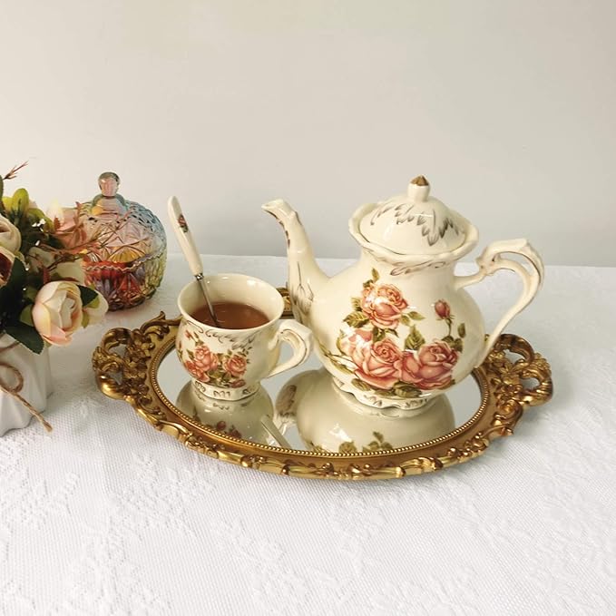 Hamphinee Oval Floral Wall Mirror Tray, Dresser Organizer Tray, Decorative Perfume Mirror Tray, Serving Tray, 9.8"x 14.6", Gold