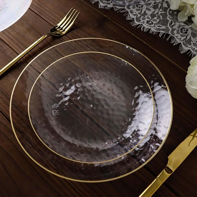 Efavormart 10 Pack | Clear Hammered 7" Round Plastic Dessert Appetizer Plates With Gold Rim, Disposable Salad Party Plate