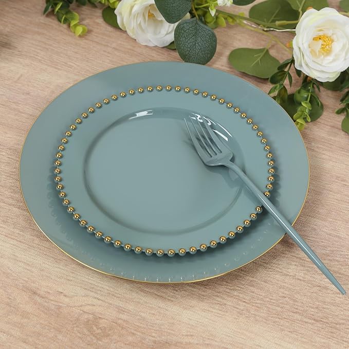 8" Salad Plates - Set of 20 - Plastic Dusty Blue Round Disposable Dessert Appetizer Plate with Gold Beaded Rim, Ideal for Dinner Party Wedding Bulk Events