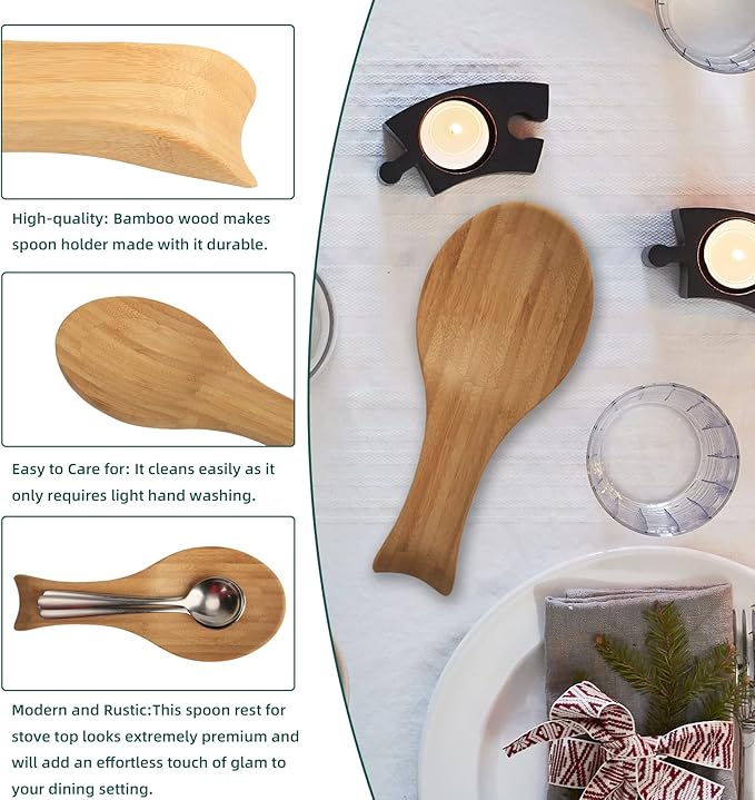 Spoon Rest for Stove Top, Bamboo Wood Spoon Holder for Kitchen Counter, Perfect Larger Utensil Rest for Spatula, Spoon or Tong, Modern, Rustic & Smooth Spoon Rest as a Dining Table Decor 10.6" x 6.7"