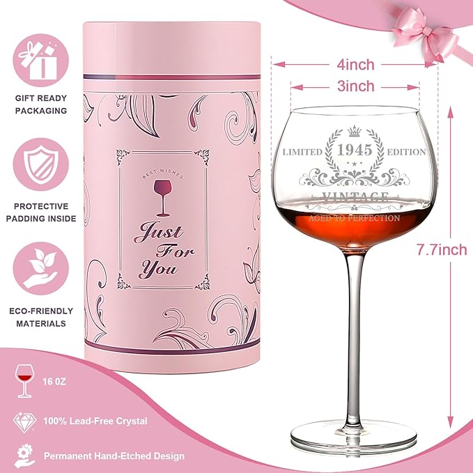 80TH Birthday Gifts for Her, Vintage 1945 Engraved Wine Glass, Unique 80 Year Old Birthday Decorations for Women, Funny 80 Bday Gifts Idea For Friends, Wife, Daughter, Sister (80TH)