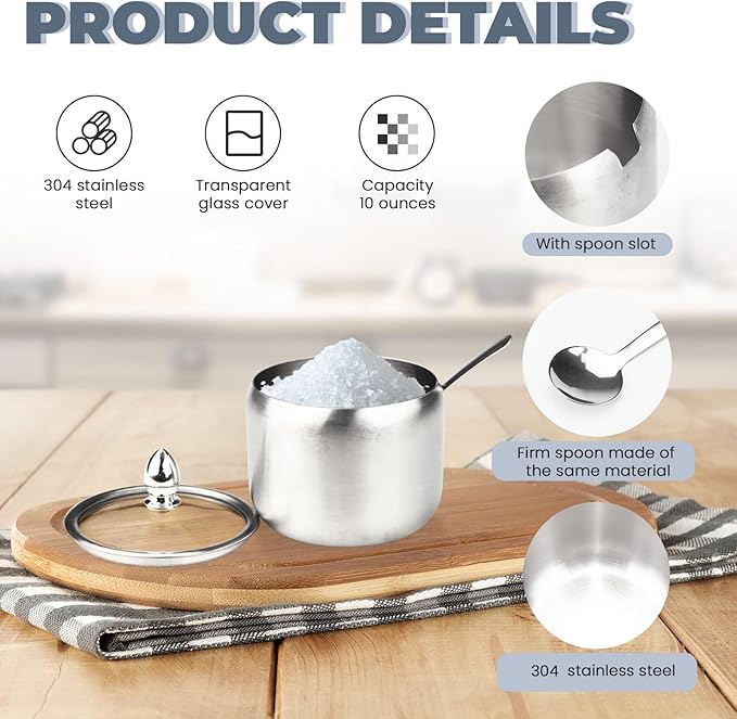 2 Pieces Stainless Steel Sugar Bowl with Lid and Spoon, 8.45 Oz/250 ML Sugar Container for Coffee Bar, Salt Bowls for Countertop Kitchen Storage Pepper Seasoning Coffee Bean Candy Spices, (Silver)