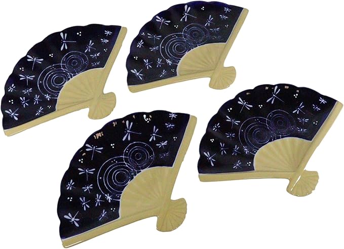 Ebros Pack Of 4 Colorful Oriental Folding Fan Shaped Appetizer Sushi Dessert Serving Dish Plates Decorative Asian Themed Artistic Dinner Lunch Serveware Plate Set (Blue Midnight Ripple Dragonflies)