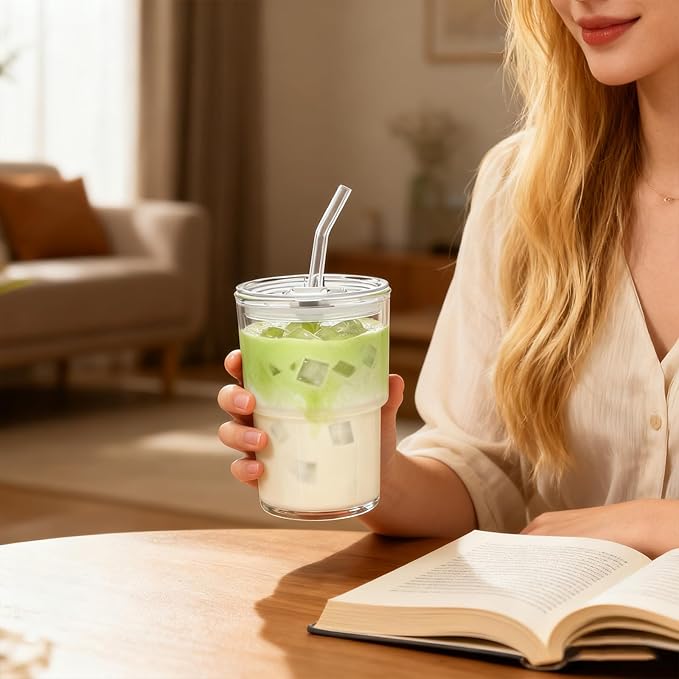 MINGHYZYA 13oz Iced Coffee Cup, Reusable Glass Tumbler with Straw and Lid, Thick Wall Glass Cups with Lids and Straws for Matcha, Smoothies, Drinking Glassware Water Cups (clear-4pack)