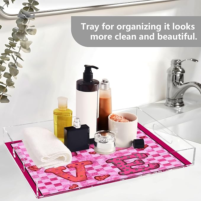 Serving Tray with Handles Clear Acrylic Tray 12x16 Inch Decorative Rectangular Tray Organizer for Ottoman Coffee Table Bathroom Pink Checkered Valentine Love Hearts