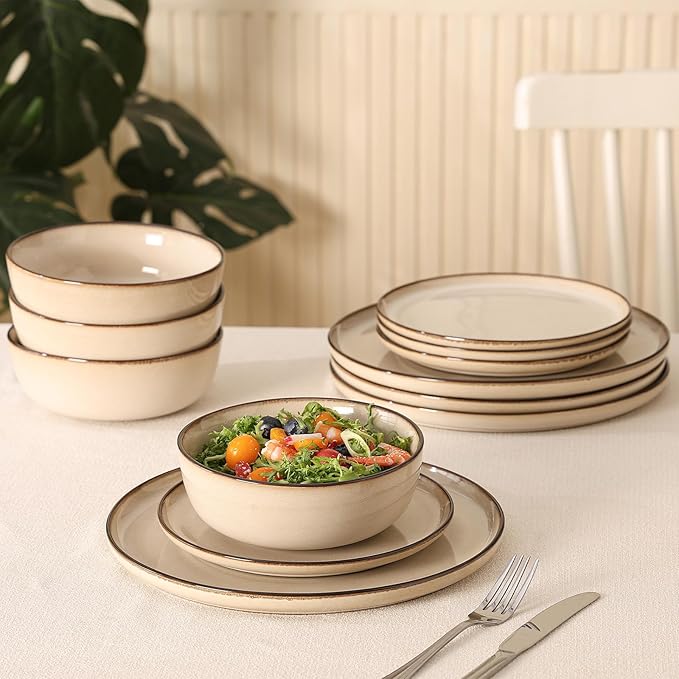 Dinner Plates Set of 4: Ceramic 10.7 Inch Handmade Reactive Glaze Stoneware Plates for kitchen, Modern Dinnerware Plates, Microwave & Dishwasher Safe, Scratch Resistant (Beige)