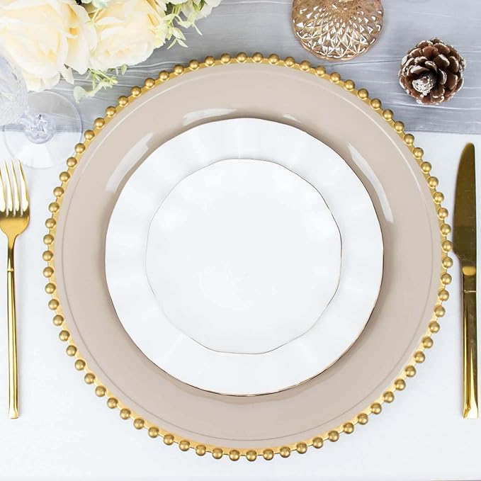 Efavormart 6 Pack 12" Taupe/Gold Acrylic Round Charger Plates With Beaded Rim Dinner Charger Plates