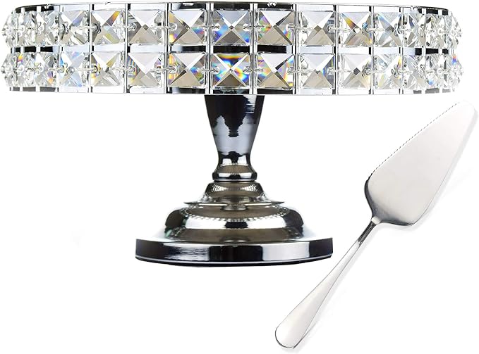 Decorative Cake Stand with Mineral Crystals & Spatula Round Metal Pedestal Cupcake Stands for Donuts Desserts Birthday Wedding Baby Shower Anniversary Holiday Dinner Party (Silver, 13.5")