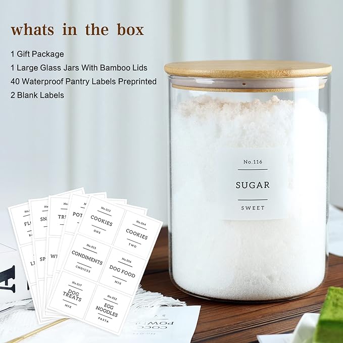 Large Glass Flour and Sugar Containers Jars with Bamboo Airtight Lid - 100 Fl Oz (3000ml) with Kitchen 42 Pantry Labels for Dry Food, Flour, Pasta, Cereal