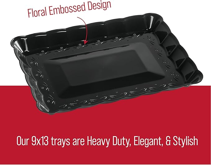 Plasticpro Plastic Serving Trays - Serving Platters Rectangle 9X13 Disposable Party Dish 12 Black Trays