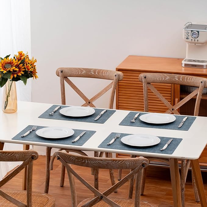 Vinyl Placemats Set of 4 - Faux Leather 100% Waterproof Oil-Proof Wipeable PU Place Mats, Heat Resistant Reversible Table Mats for Kitchen, Dining, Outdoor (Gray Blue)