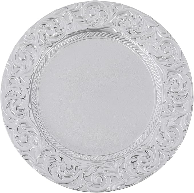 50 Pcs Antique Charger Plates Bulk 13" Round Floral Chargers for Dinner Plates, Silver Charger Plates for Wedding, Party, Elegant Tabletop Decor (Silver)