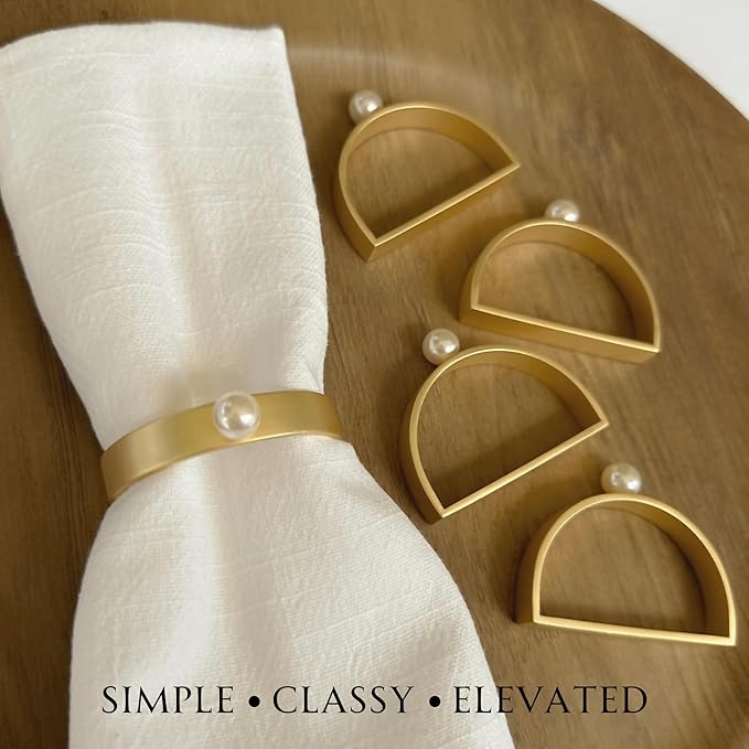Gold Napkin Rings Set of 8 - Semicircle Napkin Ring Holder in Matte Gold- Pearl Napkin Rings for All Occasions Made of Durable and Sturdy Zinc Alloy