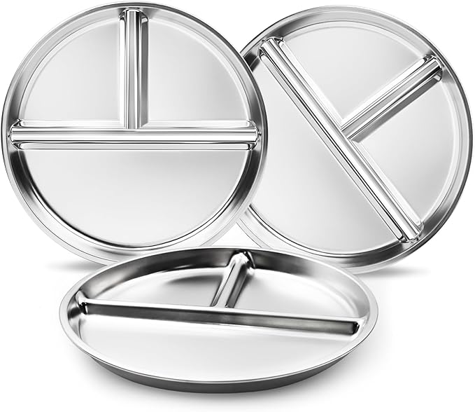 Stainless Steel Kids Plates Set of 3, 9" Portion Control Plates Divided Plate for Adults Toddlers Balance Lunch, Bariatric & Diabetic Diet, Non Toxic Camping Metal Snack Plate for Eating