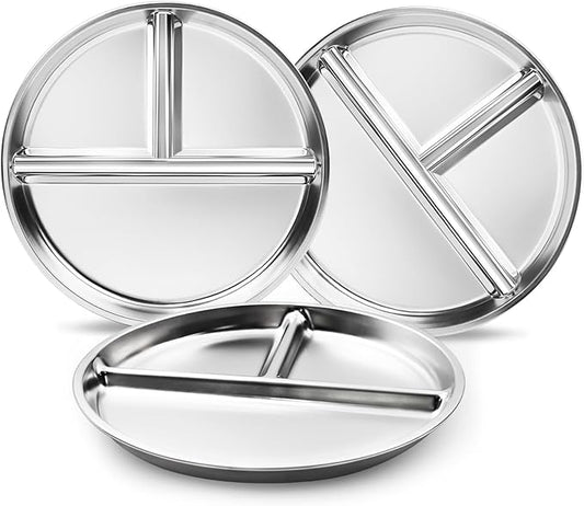 Stainless Steel Kids Plates Set of 3, 9" Portion Control Plates Divided Plate for Adults Toddlers Balance Lunch, Bariatric & Diabetic Diet, Non Toxic Camping Metal Snack Plate for Eating