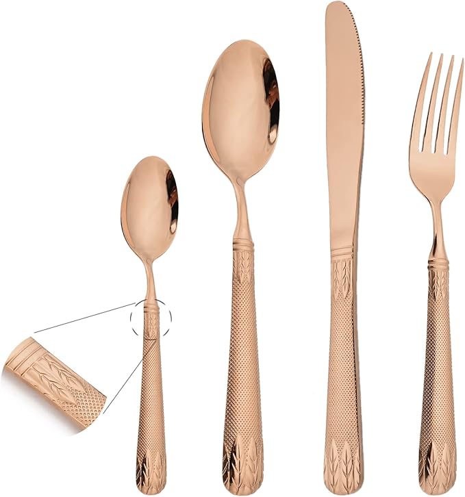 JASHII Copper 304 Stainless Steel Hammered Silverware Set with Wheat Spike Pattern, Modern Eating Tableware Flatware Set, Service for 6. Flat Handle, Dishwasher Safe - Shiny Rose Gold