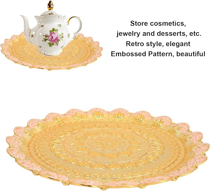Gold Silver Tray,Gold Turkish Round Coffee Tea Serving Tray Vintage Embossed Pattern Round Coffee Plate for Bar Outdoor Dresser Dessert (Gold)