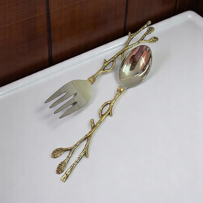 Gold Salad Serving Spoon and Fork Set – Stainless Steel with Decorative Leaf Handle – Elegant 2-Piece Flatware Set for Salad, Pasta, Fruits (11.7 inch)