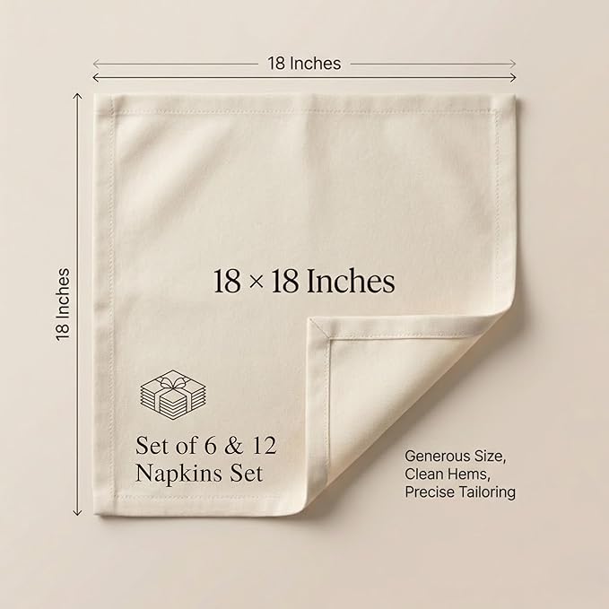 ACCENTHOME Accent Home 100% Cotton Napkins, Delicate Cloth Napkins for Dinners, Parties and Weddings，18 x 18 Inch Set of 6 - Natural