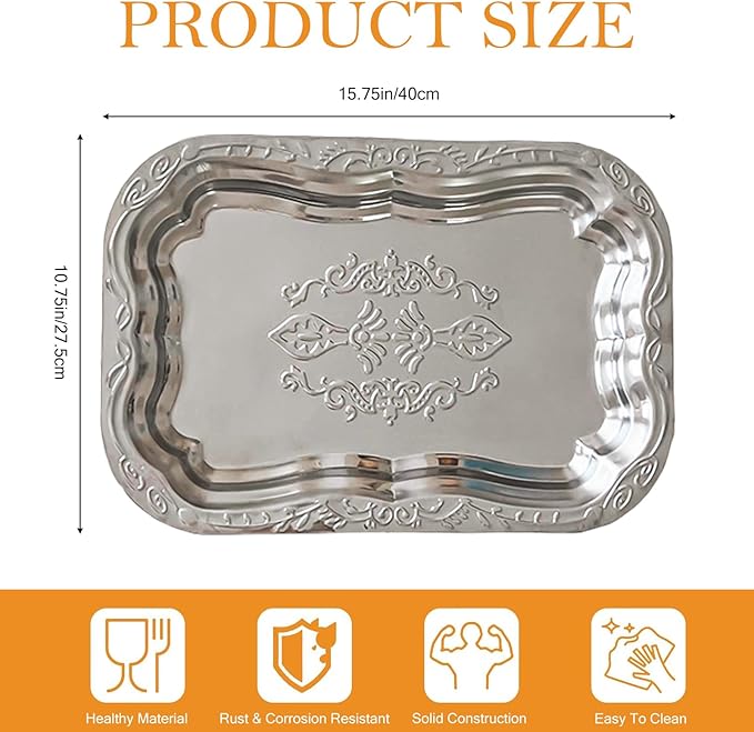 Stainless Steel Mirror Tray - Silver Engraved Decorative Serving Tray with Floral Pattern, Ideal for Party Desserts, Snacks, Drinks, and Holiday Table Display