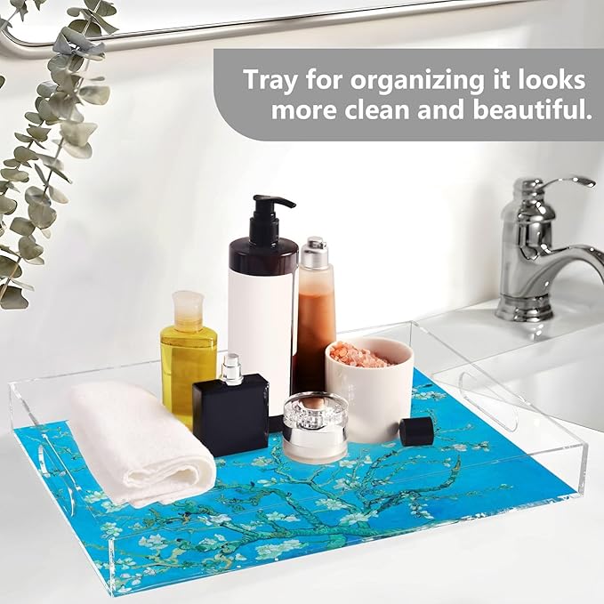 Serving Tray with Handles Clear Acrylic Tray 12x16 Inch Decorative Rectangular Tray Organizer for Ottoman Coffee Table Bathroom Van Gogh Almond Blossoms Blue
