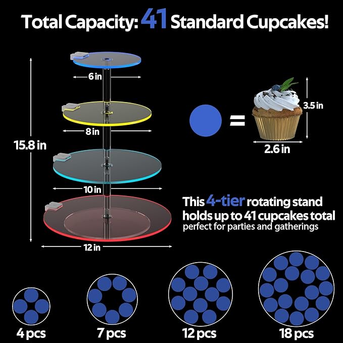 4-Tier Rotating Cupcake Stand with LED Lights - 360° Spinning Display Tower for Desserts, Cakes & Pastries - Rechargeable 7-Color Changing Serving Tray for Weddings, Parties & Festive Gatherings (Round Clear Acrylic)