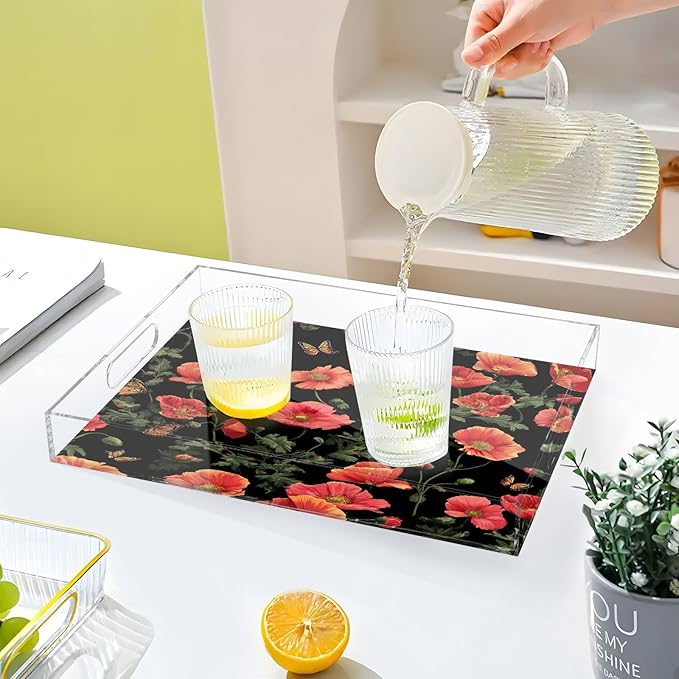 Serving Tray with Handles Clear Acrylic Tray 12x16 Inch Decorative Rectangular Tray Organizer for Ottoman Coffee Table Bathroom Black Poppy Butterfly