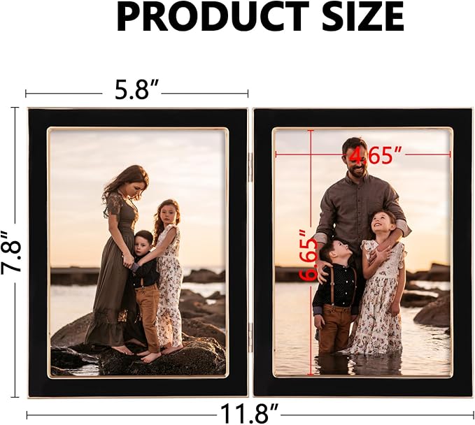 Giftgarden 5x7 Double Picture Frame Black with Tempered Glass Display 5 by 7 Photo, Metal Hinged Folding Frame for Tabletop or Wall