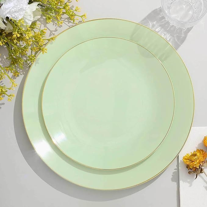 Efavormart 10 Pack | 8" Glossy Sage Green Round Plastic Dinner Plates With Gold Rim, Disposable Party Plates