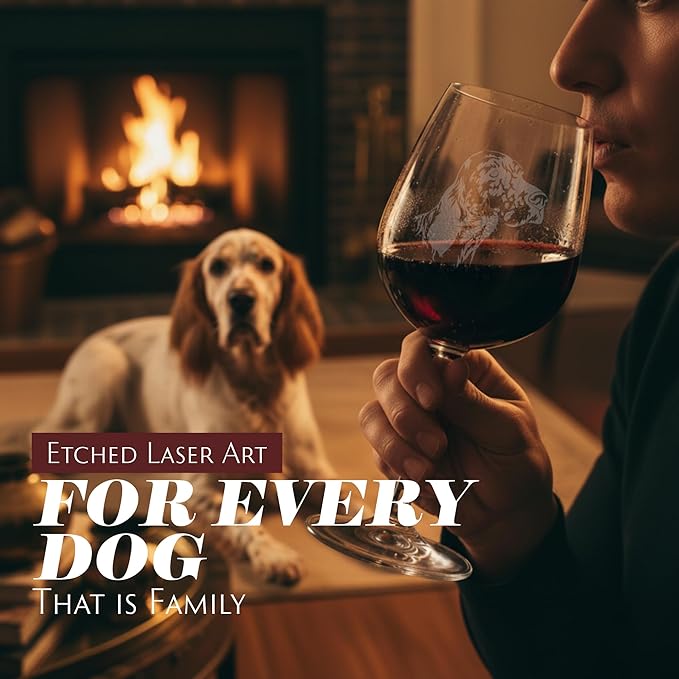 Etched Laser Art English Setter Personalized Dog Themed Etched 12.75oz Wine Glass Custom Dog Breed Wine Glasses, Ideal for Pet Lovers, Unique Birthday Gift for Men & Women, Personalized Gift