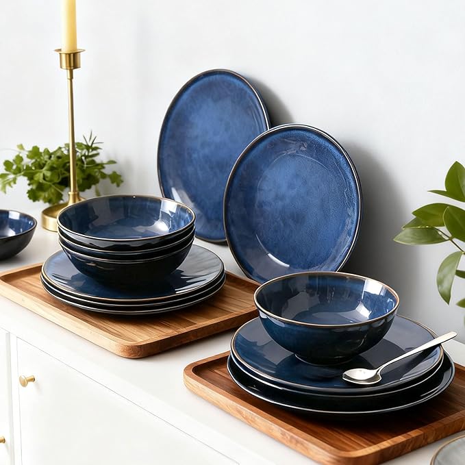 Rustic Farmhouse 12 Piece Melamine Dinnerware Sets - Service for 4, Lightweight Dinnerware with Plates and Bowls Sets, for Indoor and Outdoor Use, Unbreakable Kitchen Plates and Bowls (4, Blue)
