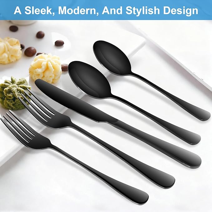 20-Piece Black Silverware Set, Premium 18/0 Stainless Steel Flatware Set for 4, Food-Grade Cutlery Utensils Set, Mirror Polished Tableware, Includes Knives, Forks, and Spoons, All Dishwasher Safe